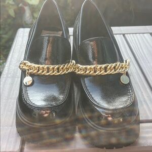 Soda Black Loafers with Gold Chain Accent